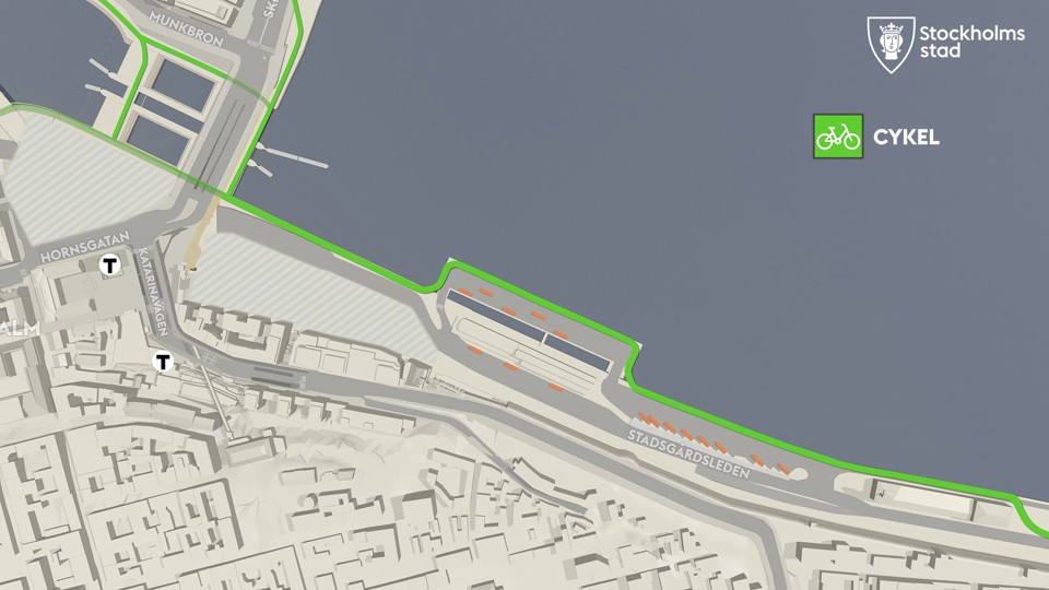 Karta över cykeltrafikens omläggning ut på ponton vid Stadsgårdsleden. Grön linje markerar cykelbana.